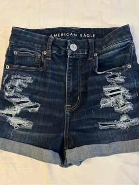 American Eagle Outfitters Dark Blue Ripped Denim Shorts with Rolled Hem